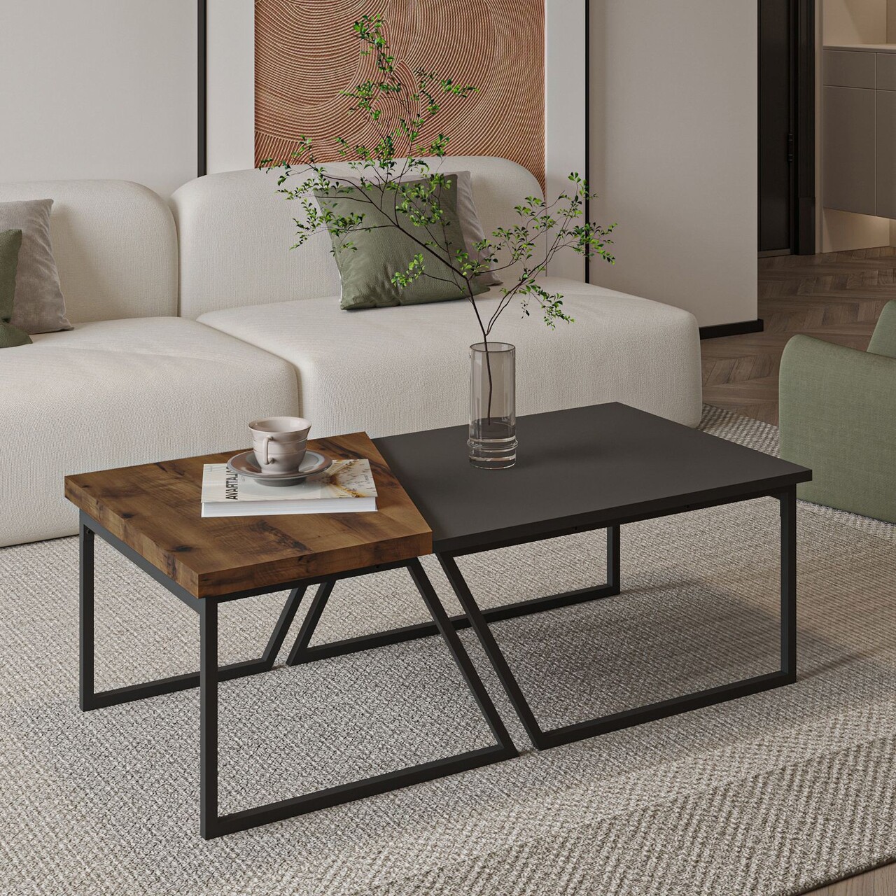 Set masute de cafea, Hanah Home, Verona P0024623, PAL, Antracit / Nuc rustic - imagine 7